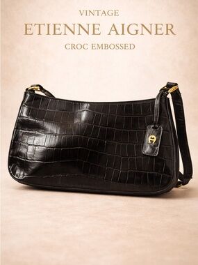 Etienne Aigner Black Croc-Embossed Shoulder Bag with Gold Hardware